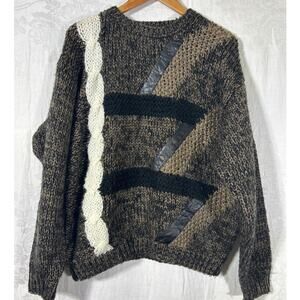 Vintage Sweater Medium Color Block Brown Chunky Knit Leather Patches Crew Neck